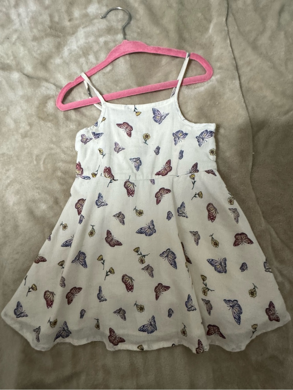 White Butterfly Print Spaghetti-Strap Dress for Girls